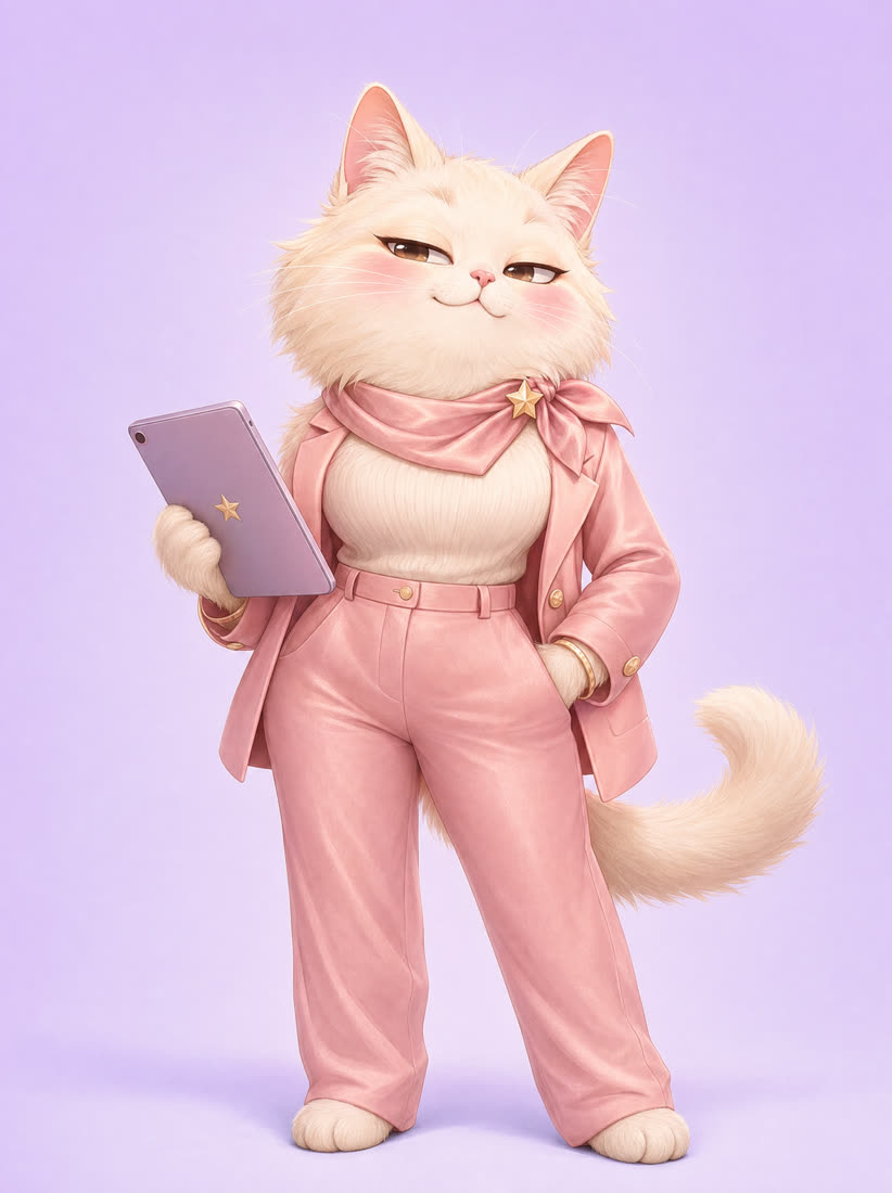 Meowgent standing in a pink suit